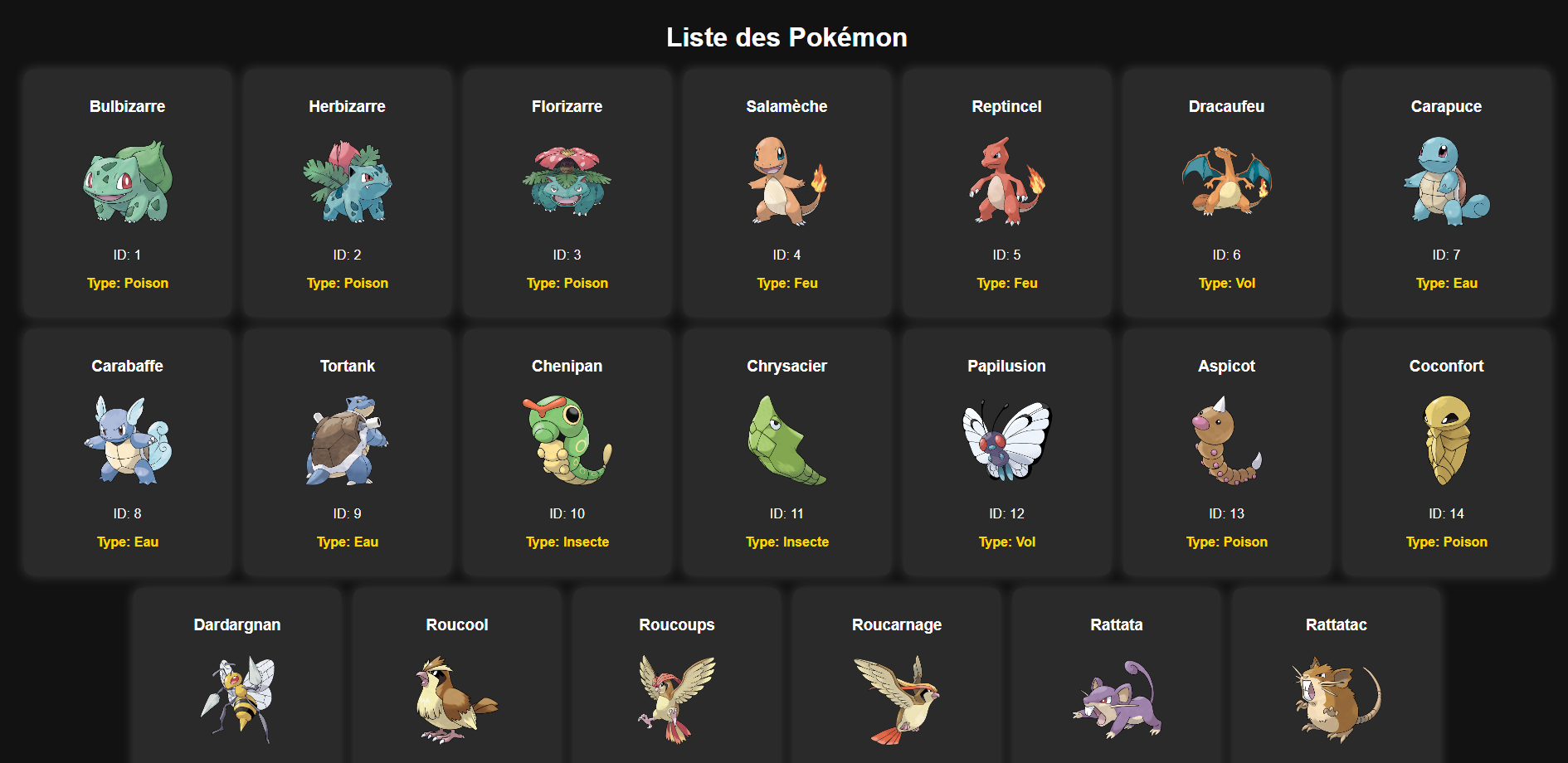 Capture d'écran de l'application web Pokemon API développée en React
